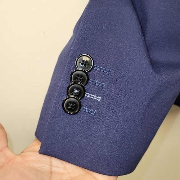 ZARA Man Navy Blue Slim Fit Blazer Jacket White Elbow Patch US Size 54 - Picture 13 of 16